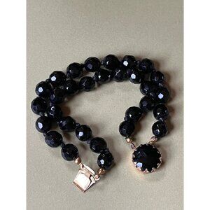 Vtg Austria Jet Black Rhinestone Faceted Double Strand Bead Bracelet Fancy Clasp